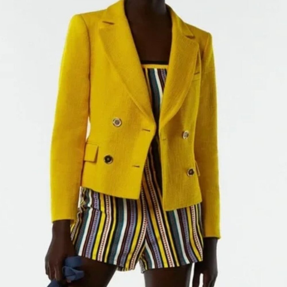 NWT Zara Bright Yellow Textured Cropped Blazer Jacket Size M